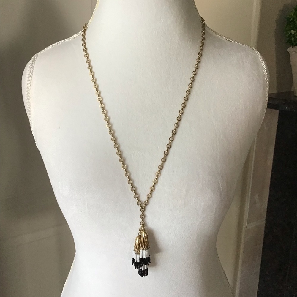 J.Crew Tassel Necklace Gold Tone Chain Black White Seed Bead Fringe Boho Chic - Picture 10 of 14